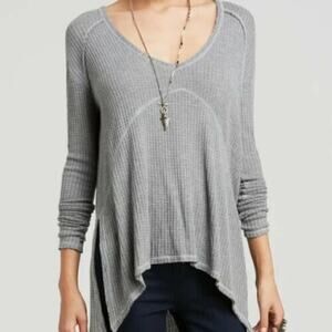 Free People Sunset Park Drippy Thermal Long Sleeve Top in Light Gray Size Small